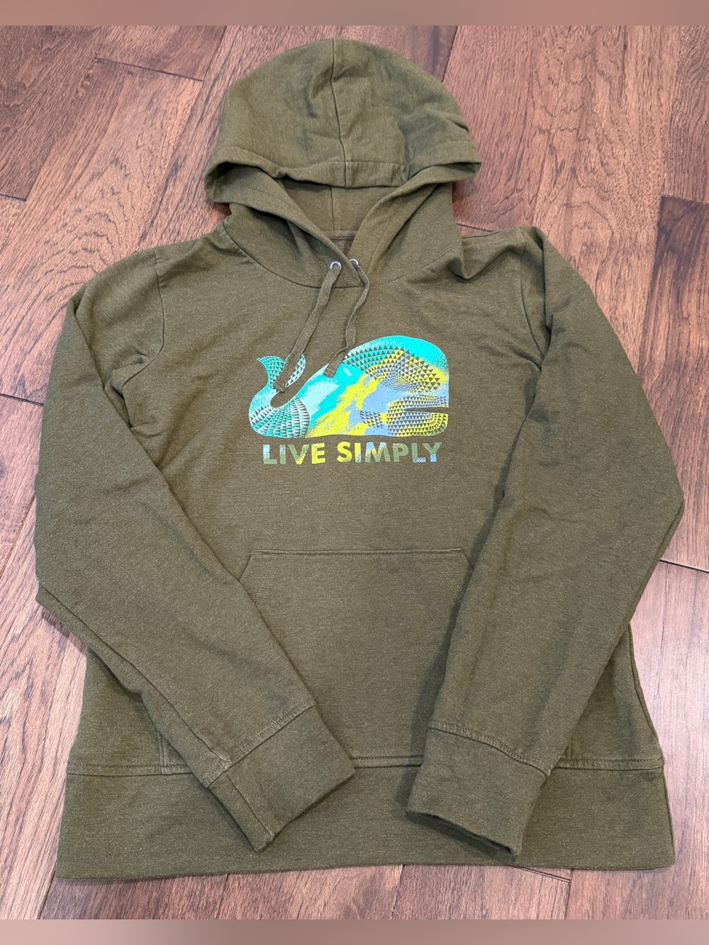 Patagonia Olive Green Hoodie with Colorful Whale Graphic